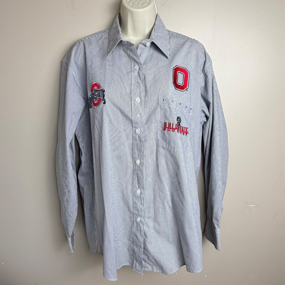 Las Olas Ohio State Buckeyes Pinstripe Button Down Shirt Women Medium Blue White
